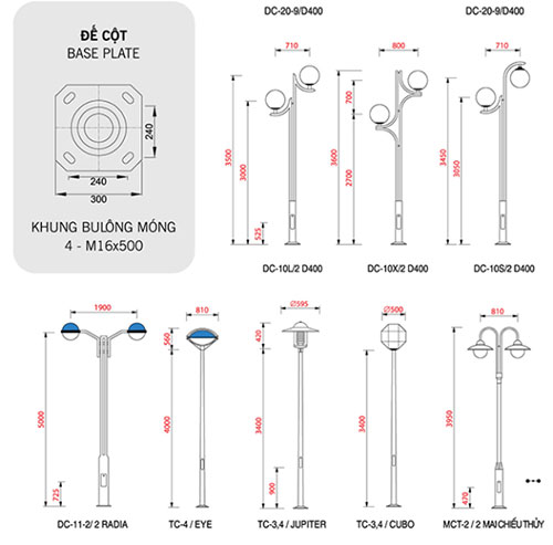 Bản vẽ, các thông số kĩ thuật của trụ đèn sân vườn DC 20 tại chiếu sáng Hàn Việt