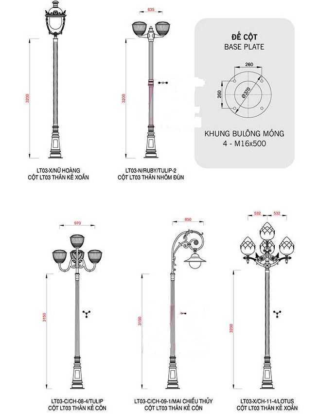 Bản vẽ kích thước chi tiết các kiểu dáng trụ đèn dòng Pine