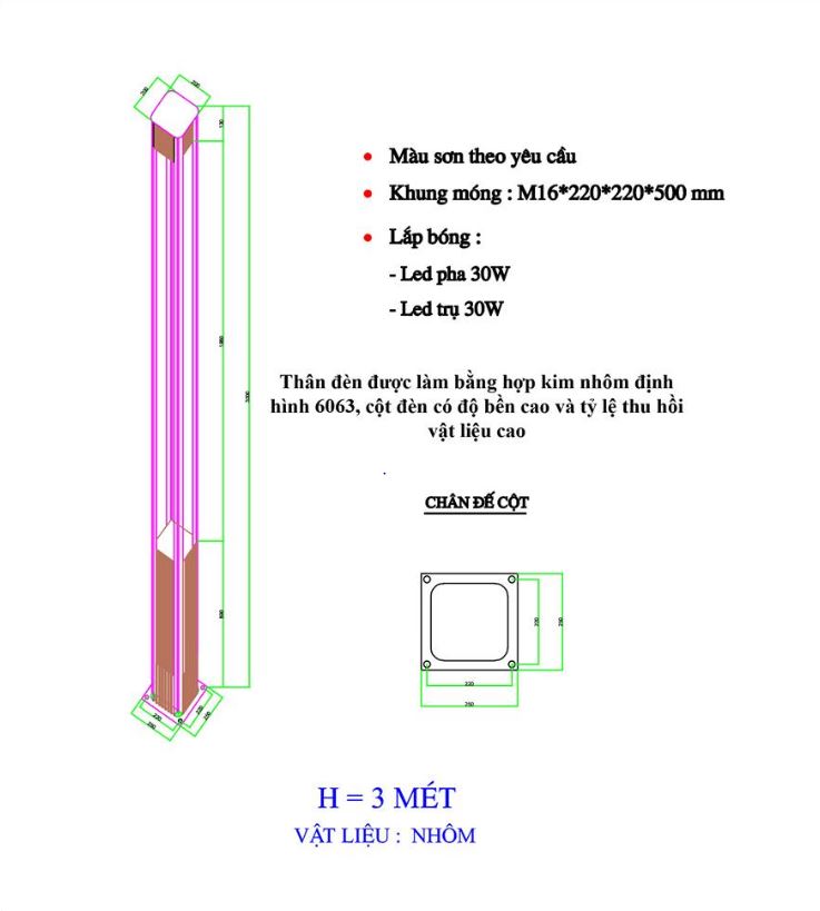 Thông số kỹ thuật của cột đèn sân vườn Led TODA