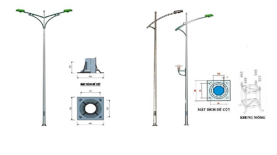 Trụ đèn cao áp rời cân đơn (bên trái) và kép (bên phải)